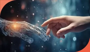 Imagem De Duas Mãos Se Unindo Em Alusão A Inteligência Artificial (IA)