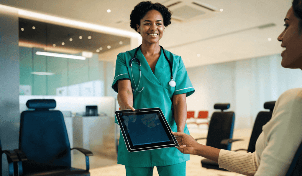 imagem de uma enfermeira segurando um tablet
