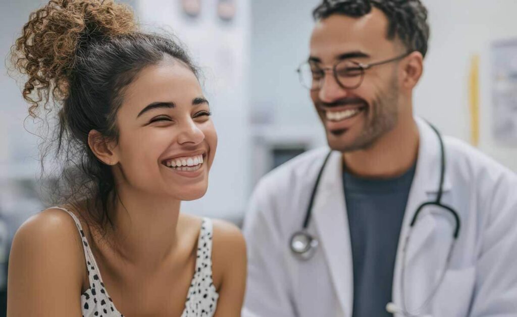 imagem de um médico sorrindo ao lado de uma paciente