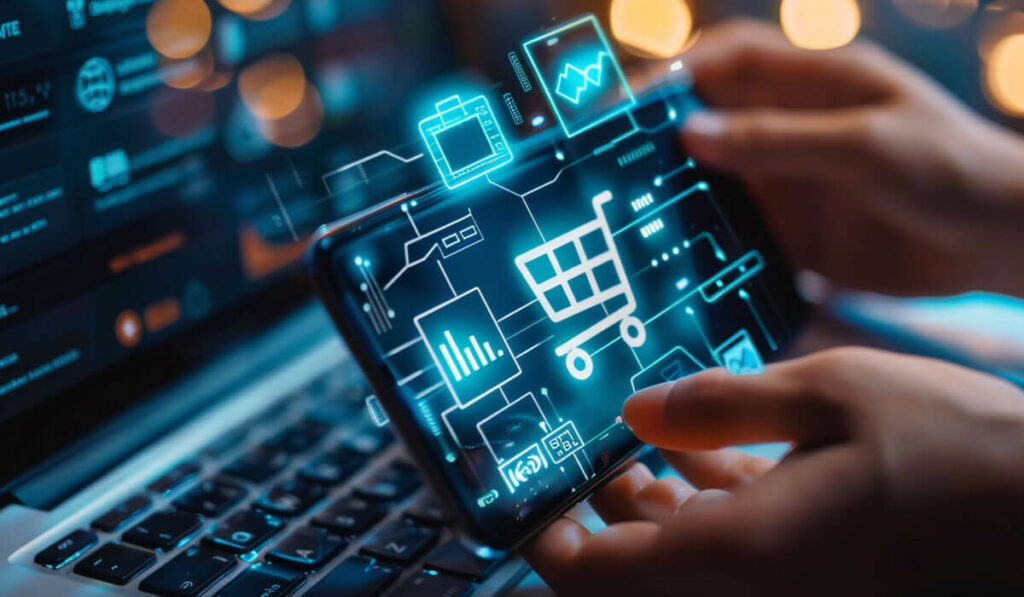 imagem de um tablet com um carrinho de compras