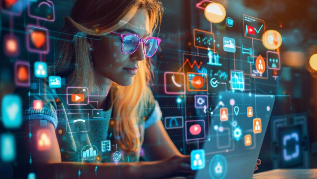 imagem de uma moça olhando um computador como se tivesse fazendo vendas digitais