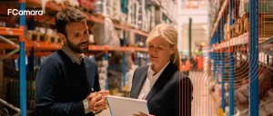 Homem e mulher no armazém fazendo gestão logística