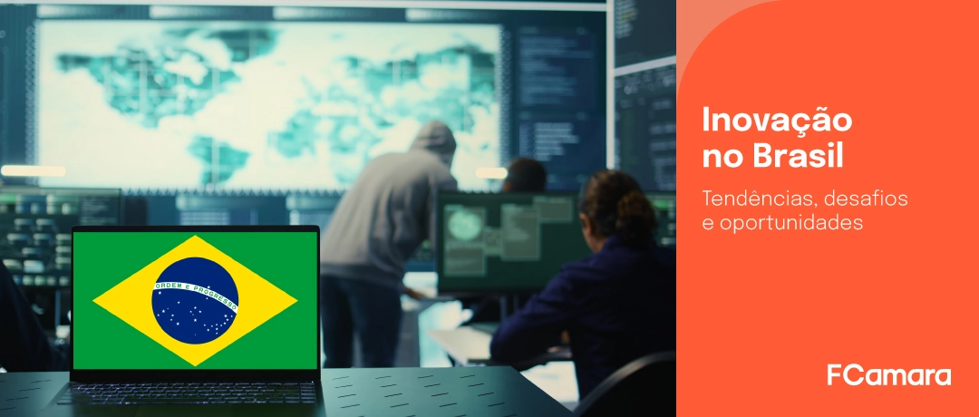 Computador com bandeira brasileira na tela para ilustrar tema de inovação no Brasil