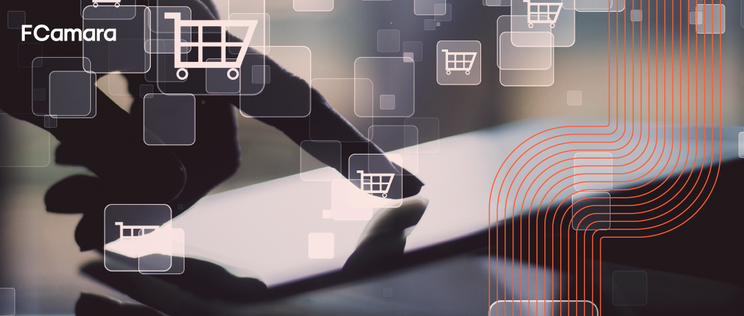 Imagem de computador e elementos de carrinho de compras para ilustrar IA para e-commerce