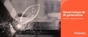 Grafismos sobre imagem de notebook para ilustrar Governança de IA Generativa