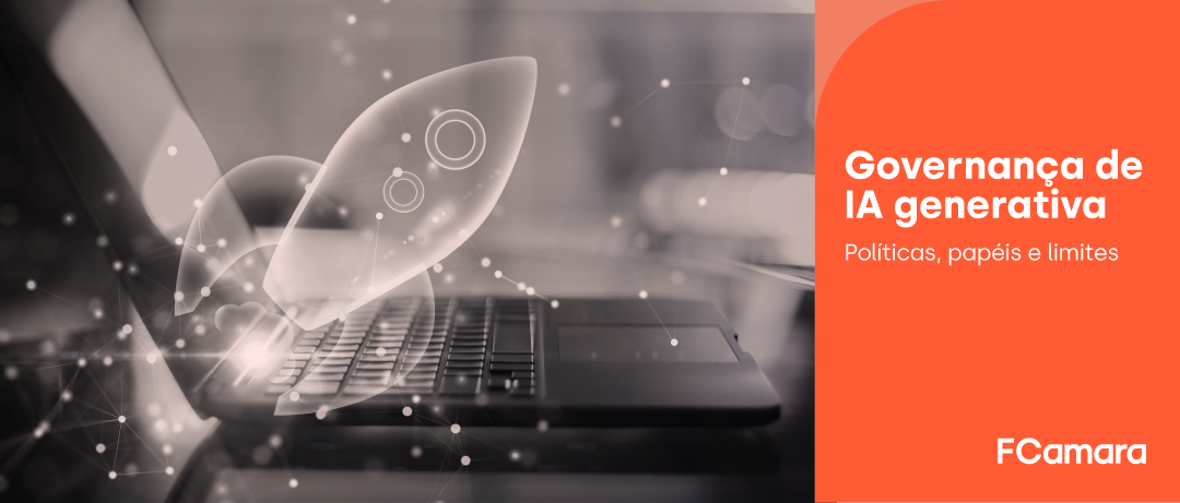 Grafismos sobre imagem de notebook para ilustrar Governança de IA Generativa
