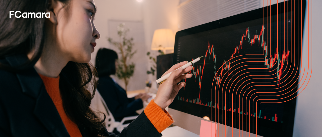 Profissional avaliando gráficos de inteligência artificial no setor financeiro